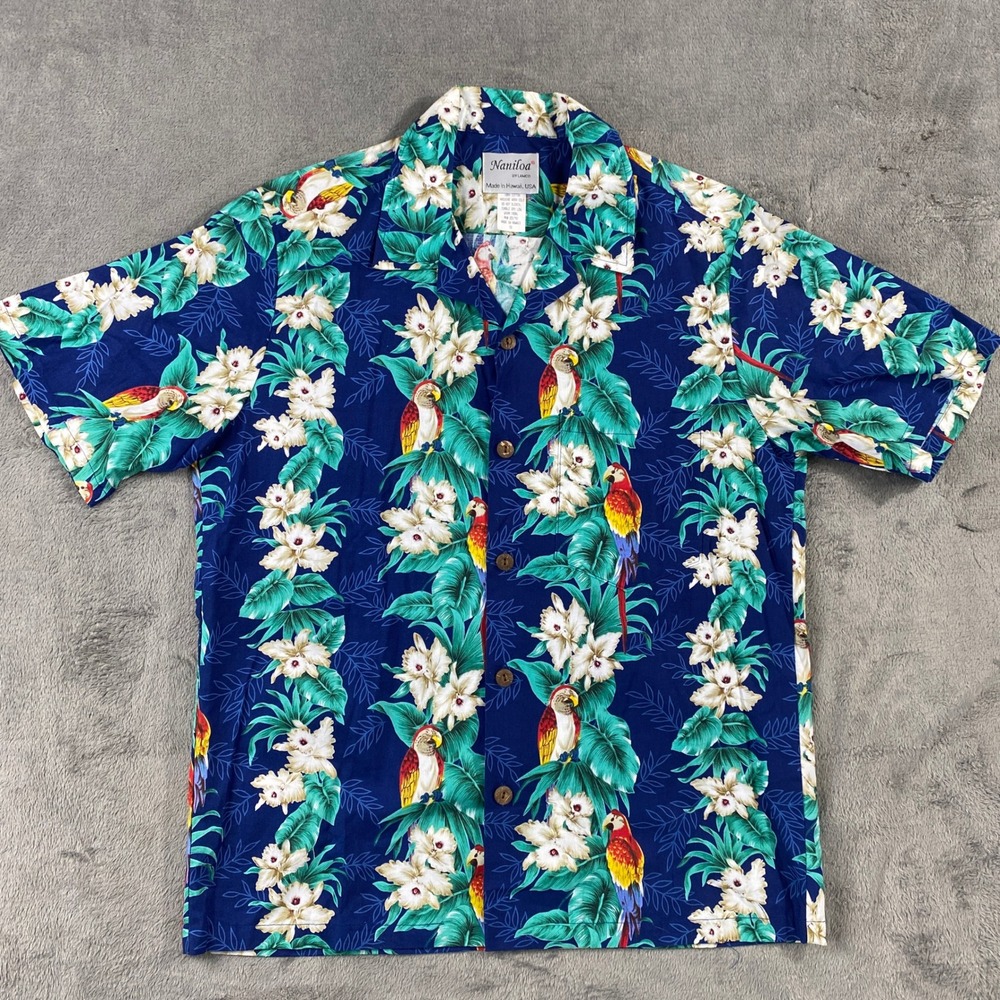Naniloa Hawaiian Shirt Mens S Blue Parrot Orchid Cotton Aloha Tropical Summer